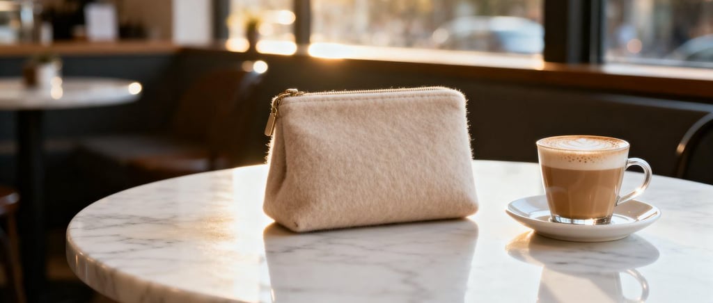 A lifestyle photo of "The Cashmere Edit" cosmetic pouch on a chic café table.