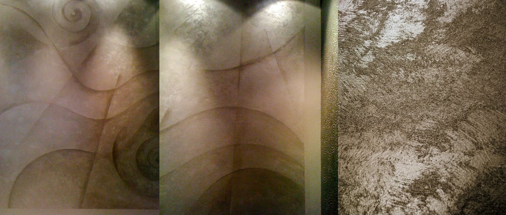 Three images depicting a luxurious grainy silver paint finish