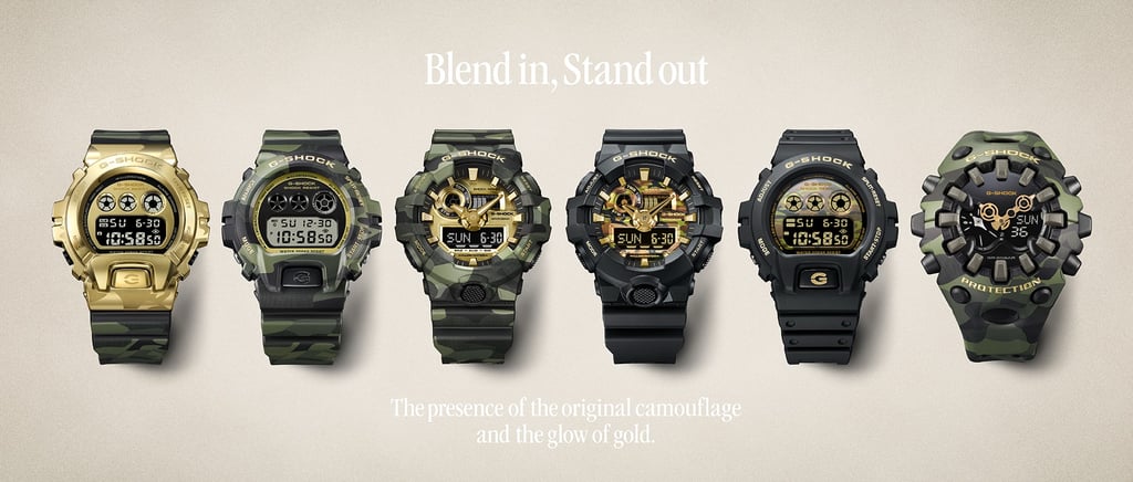 G-SHOCK Bold Camo Series (L-R)_ GM-6900CMG-3, DW-6900CMG-3, GA-700CMG-3A, GA-700CF-1A, DW-6900CF-1,