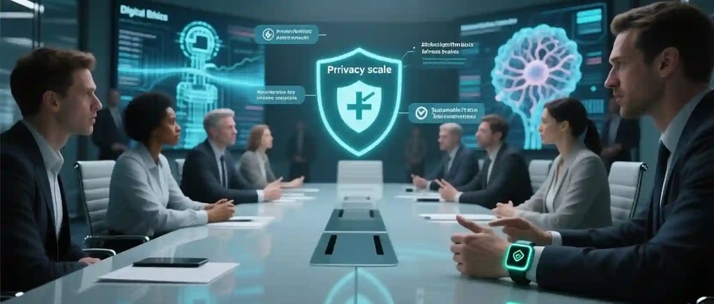 A group of business professionals are seated around a sleek, futuristic conference table in a room with large display screens