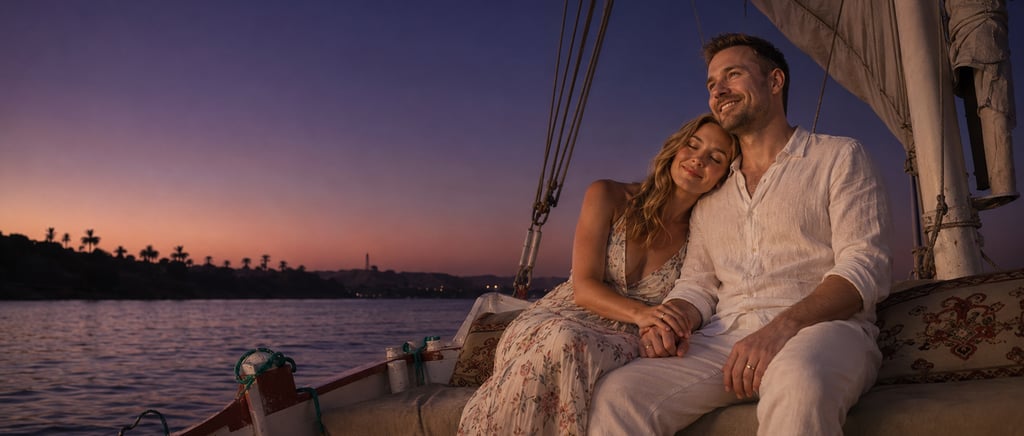 A happy couple enjoys a romantic sunset cruise on a traditional felucca boat along the Nile River in Egypt.