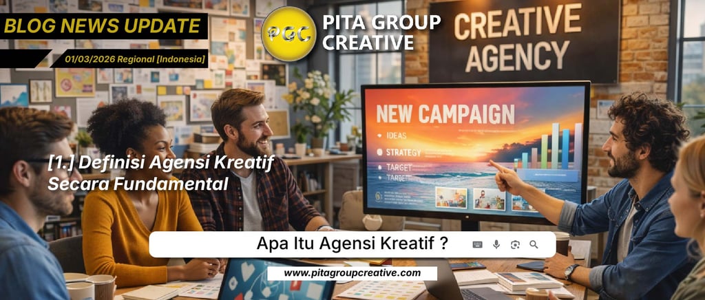 A creative agency team discusses a new marketing campaign on a monitor in a modern office setting.