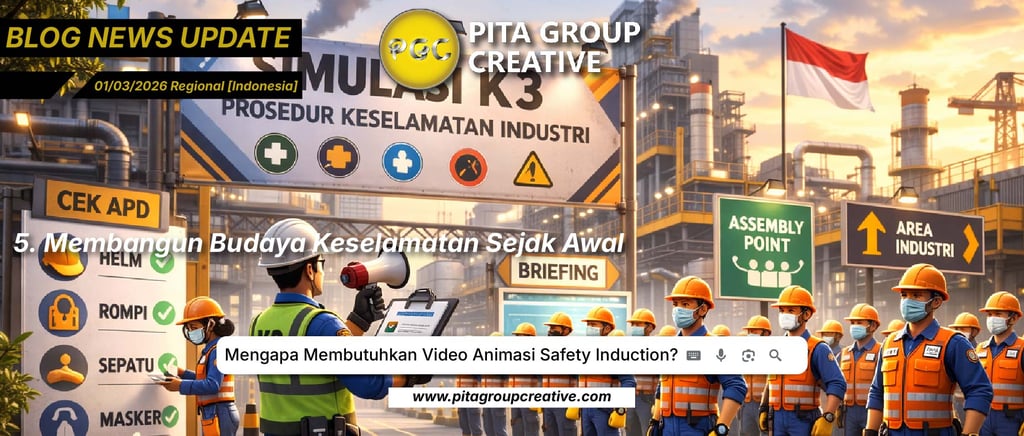 Industrial workers at an assembly point for a safety induction video briefing at a factory site.