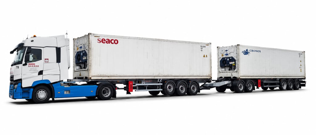 A white semi-truck pulling a long double trailer with Seaco and Cronos refrigerated shipping containers.