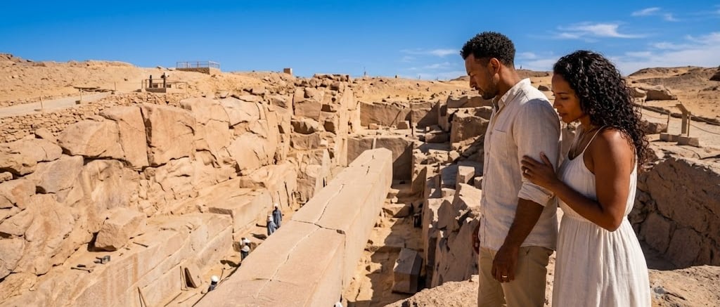 A couple overlooks the ancient Unfinished Obelisk in Aswan, Egypt, showcasing historic stone masonry.