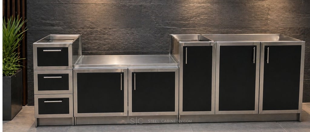 Outdoor stainless steel cabinetry with black powder-coated cabinet panels