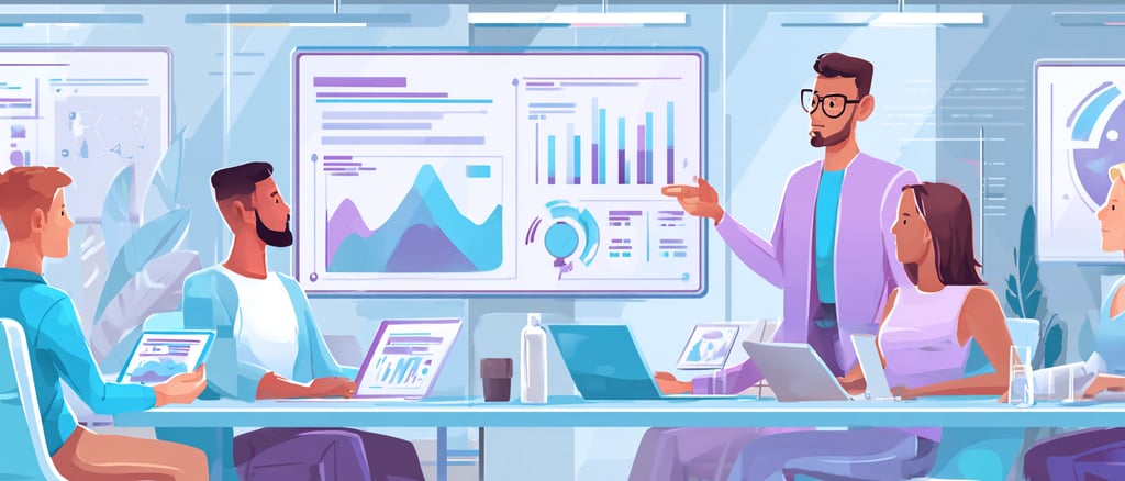 Data Analyst presenting findings with visuals on a board