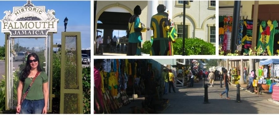 Autora caminhando pelas ruas coloniais de Falmouth, Jamaica, durante escala de cruzeiro