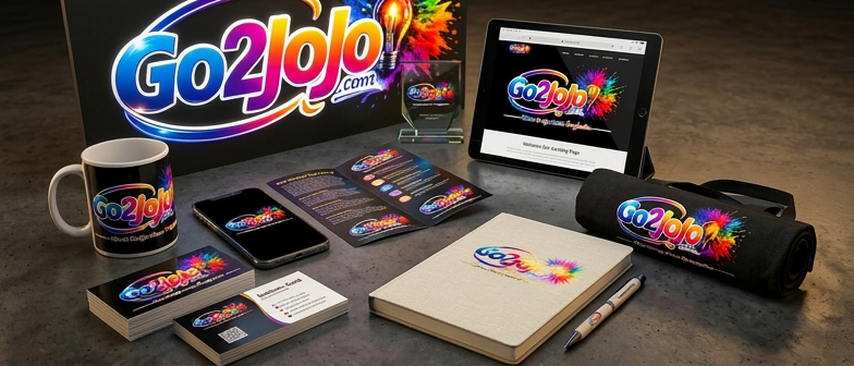 Go2Jojo branded merchandise including a coffee mug, business cards, tablet, and notebook with colorful logo design.