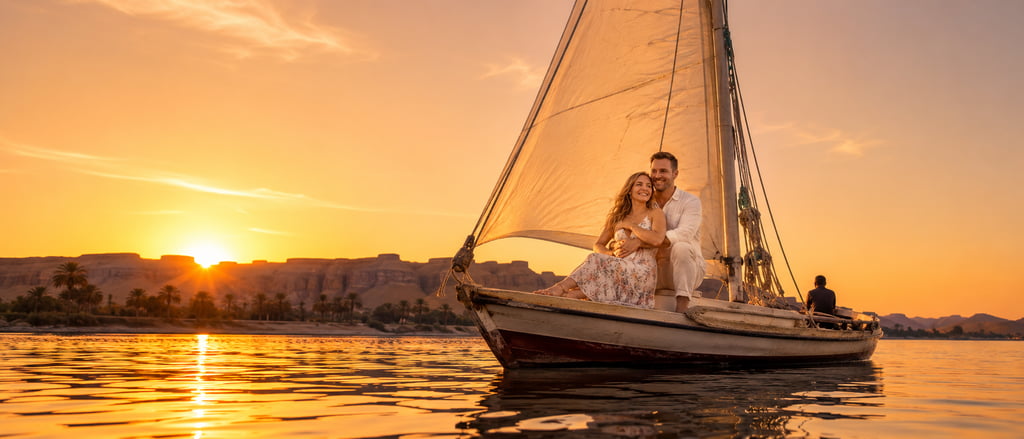 A couple enjoying a romantic sunset felucca boat ride on the Nile River in Luxor, Egypt.