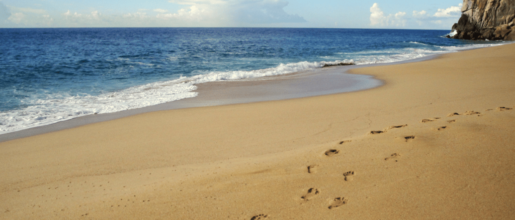 Pegadas na areia em Lovers Beach, Cabo San Lucas, México.