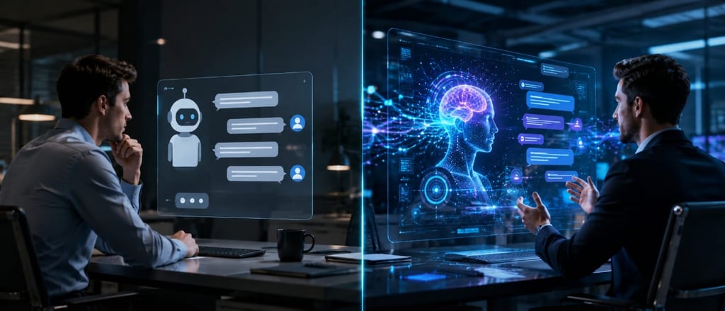A man interacting with an advanced AI chatbot and neural network interface in a dark office setting.