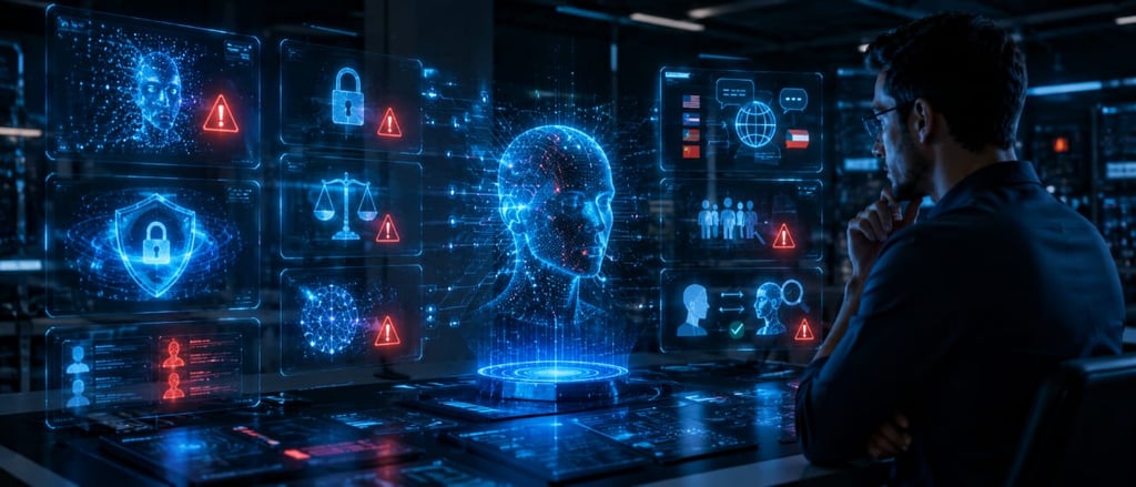 A cybersecurity professional monitors an AI interface with holographic data displays for ethical risk and network security.
