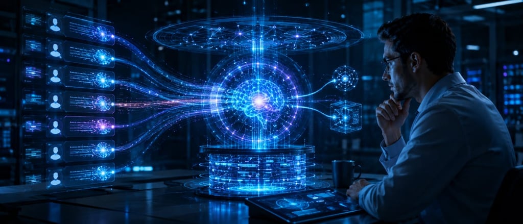 A man analyzing a glowing digital human brain interface representing artificial intelligence and data networks.