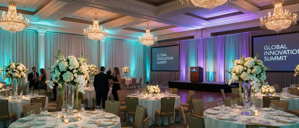 a large group of people standing around tables with flowers