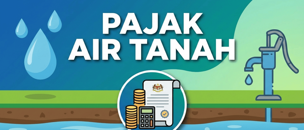 Illustration of Pajak Air Tanah groundwater tax showing a manual pump, water drops, and financial calculation icons