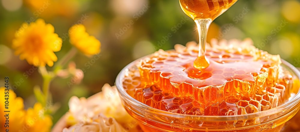 Golden organic honey drips from dipper onto fresh honeycomb with flowers in sunny garden scene.