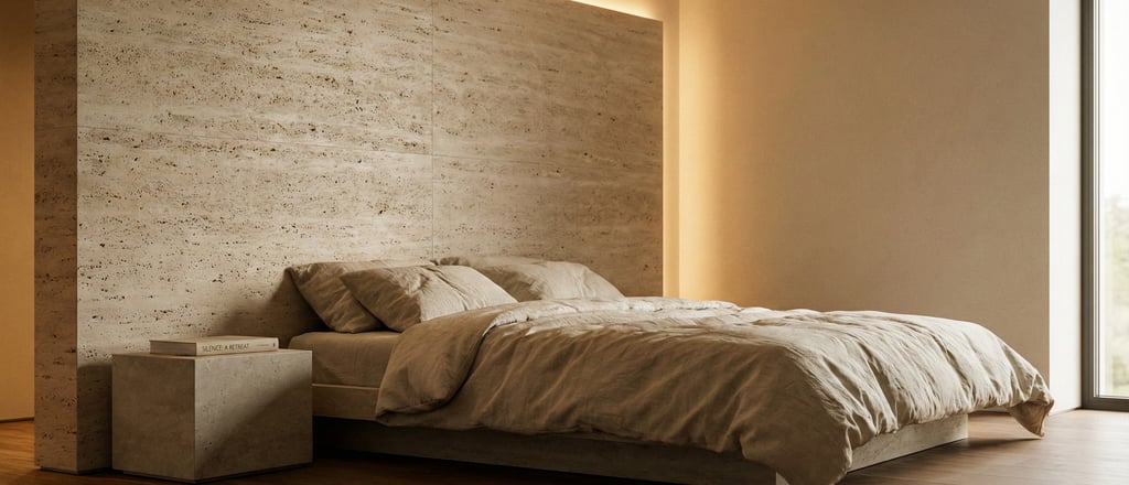 Luxury wellness hotel room with natural materials and acoustic design for digital detox real estate 