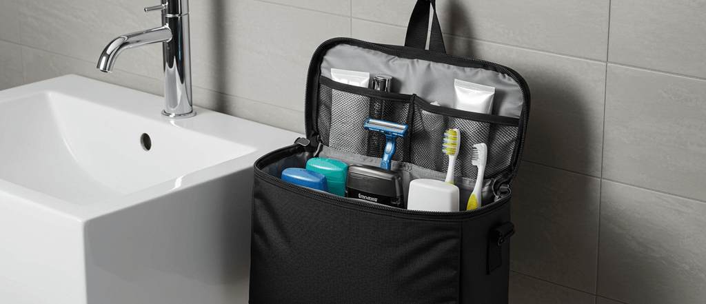 travel toiletry bag hanging on a hook by a bathroom sink