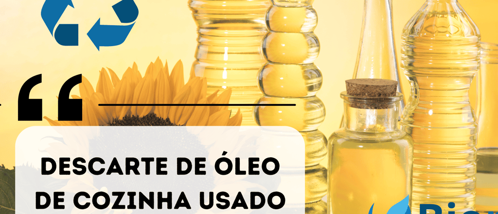 Imagem com fundo amarelo representando o óleo de cozinha, com garrafas de vidro e plástico cheias de