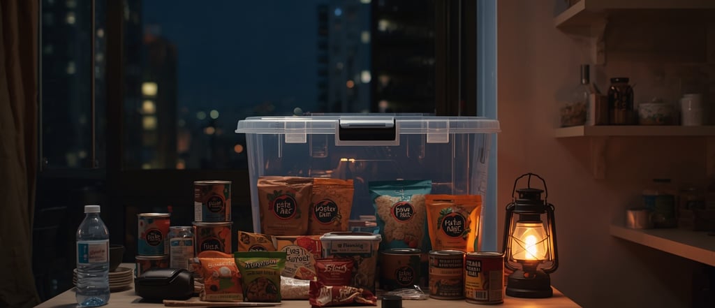 organized-72-hour-apartment-food-kit-with-shelf-stable-meals-bottled-wate.-in-a-small-city-kitchen.