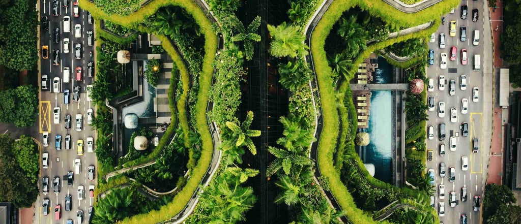 Smart eco-city: green tech, sustainable urban forest design, nature-integrated green architecture, ecological urban design
