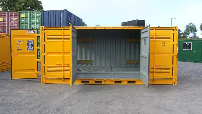 Yellow side-opening shipping container with open doors for easy cargo loading and storage.