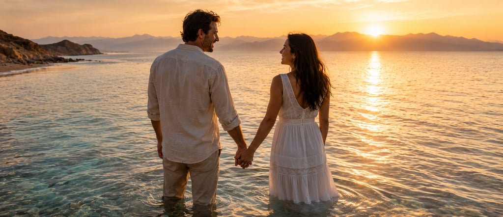 A romantic couple holding hands while standing in the ocean at sunset on a tropical beach.
