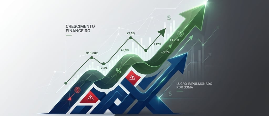 Ilustração digital: Gráfico verde ascendente (lucro, crescimento) com base SSMA Torpeg azul/vermelha