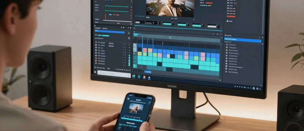 A creative individual filming a video using a smartphone, surrounded by soft natural light.
