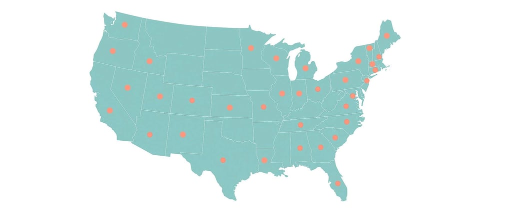 Map of the United States highlighting Payvand Consulting’s key service areas in states including California, Texas, New York,