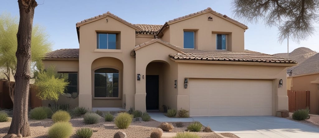 Freshly painted rustic Arizona home exterior glowing in warm sunset light.