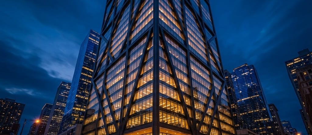 Wide-angle architectural twilight shot of a modern glass skyscraper corner, highlighting geometric steel beams, deep blue and gold ambient light.
