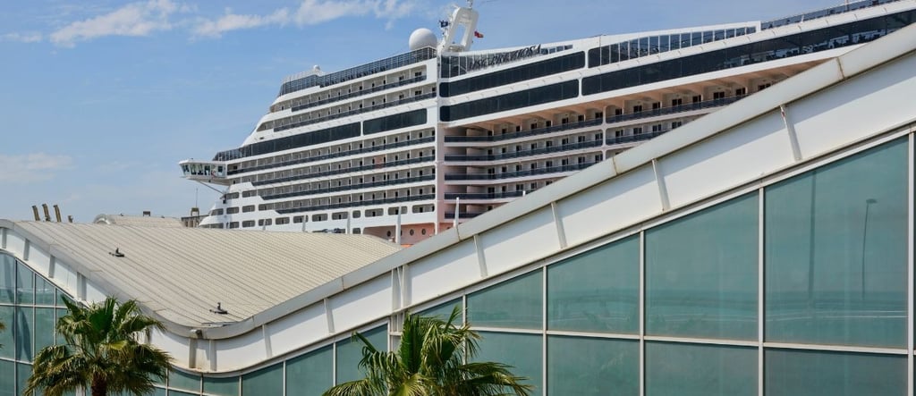 Navio atracado no Porto de Barcelona visto de fora do terminal