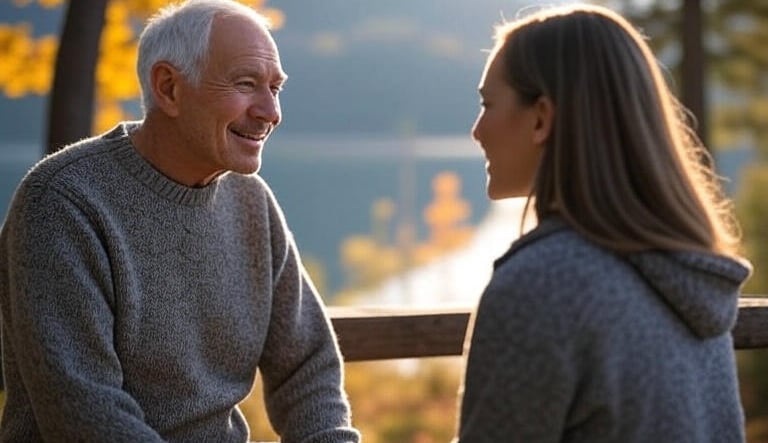 a man and woman sitting on a bench in the fall
