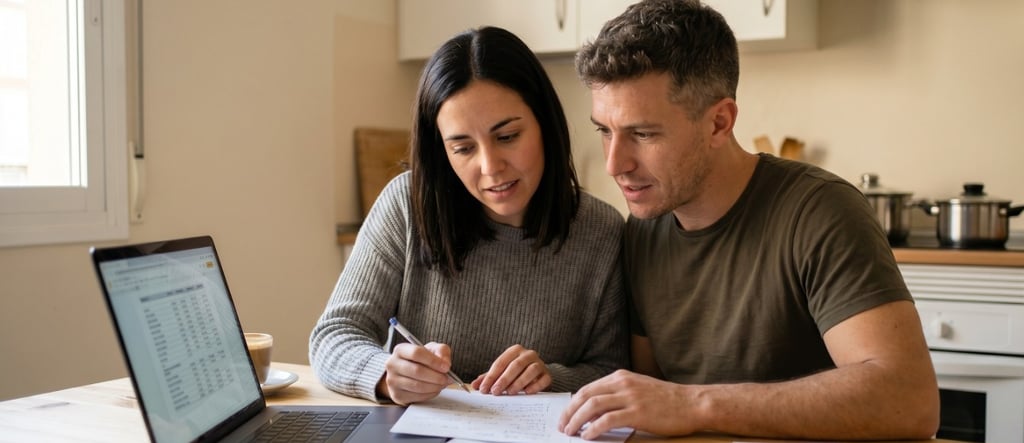 Pareja calculando los gastos de la compra de su primera vivienda en Castilla La Mancha