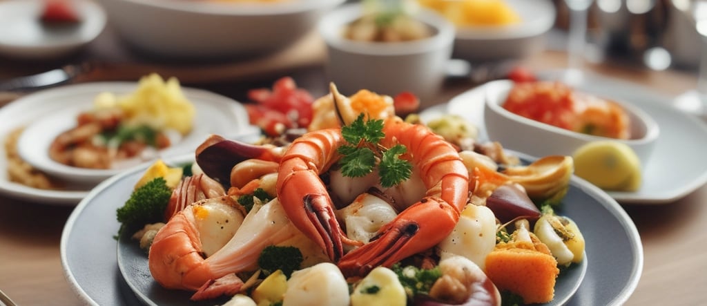 A luxurious black and gold plated dish featuring spiced crab with vibrant garnishes on a dark elegant table.