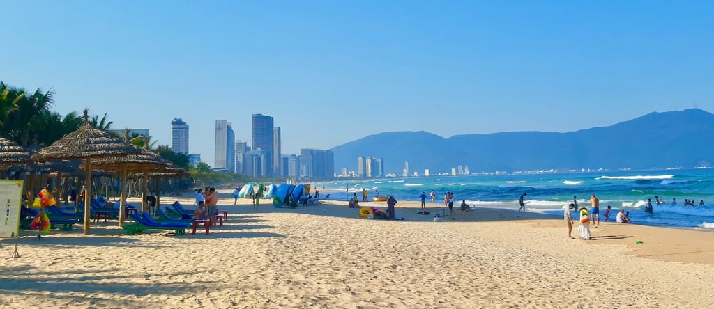 Distant perspective of My Khe Beach, highlighting the coastal scenery of Da Nang, Vietnam