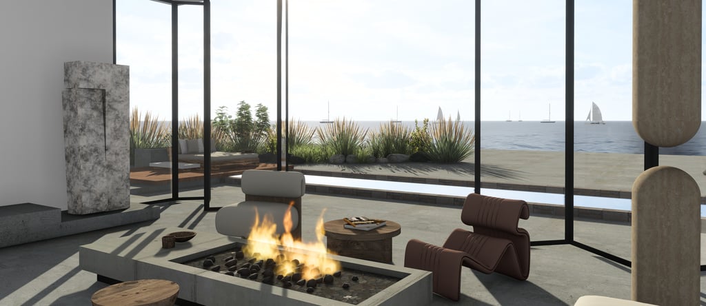 Luxury beachfront living space with sculptural lounge chairs, modern fireplace, panoramic ocean view