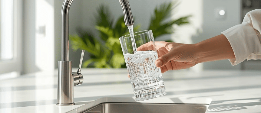 Pure filtered water flowing from a kitchen faucet into a person's hand.