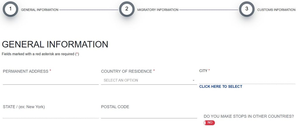 General information section of the Dominican Republic eTicket entry form for travelers