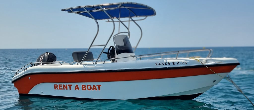 Small white motorboat with orange stripe and blue canopy for rent on turquoise ocean water.