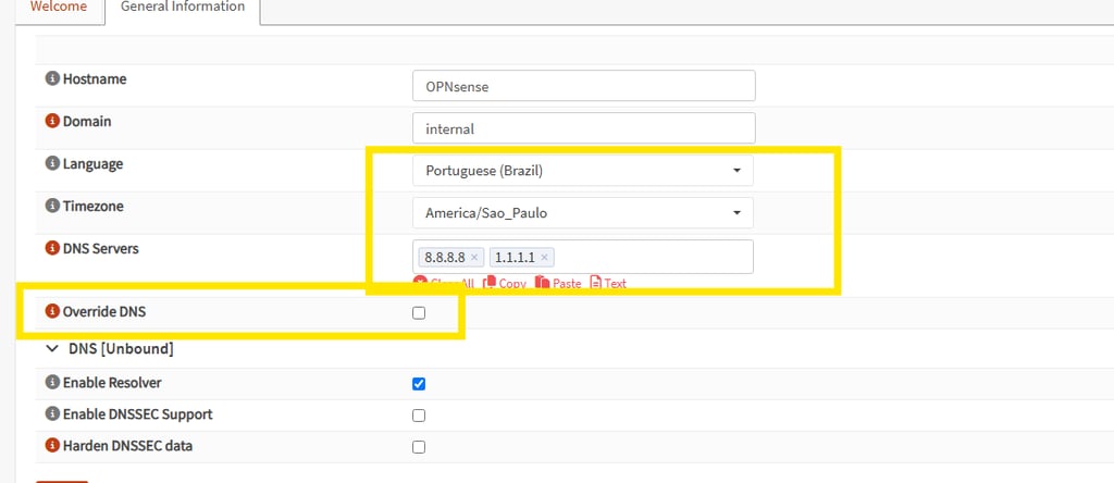 Interface web do OPNsense mostrando a opção Override DNS desmarcada durante o wizard inicial
