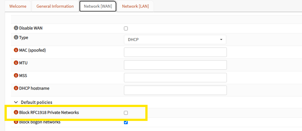 Desativando a regra Block RFC1918 Private Networks na interface do OPNsense para evitar bloqueios