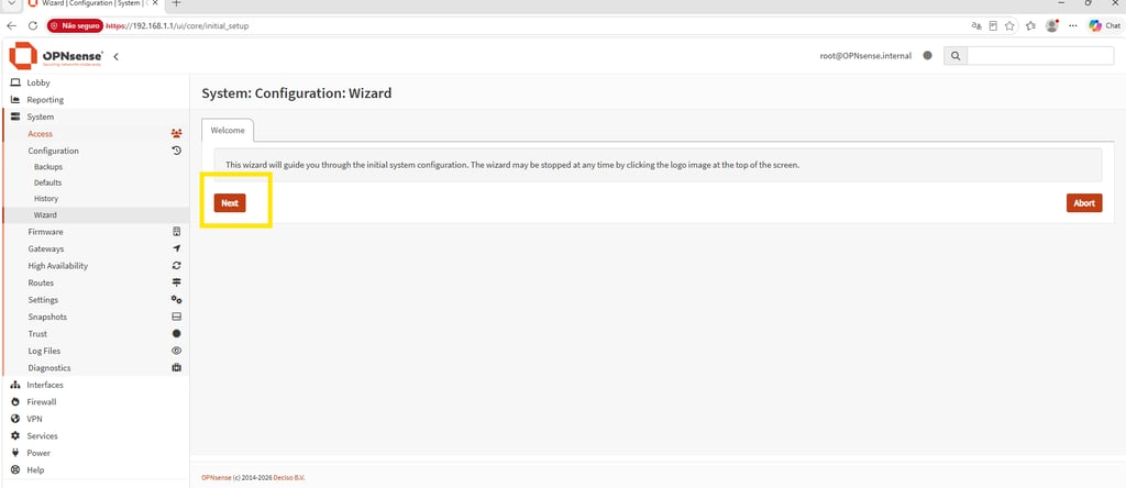 Interface web do OPNsense mostrando o wizard inicial