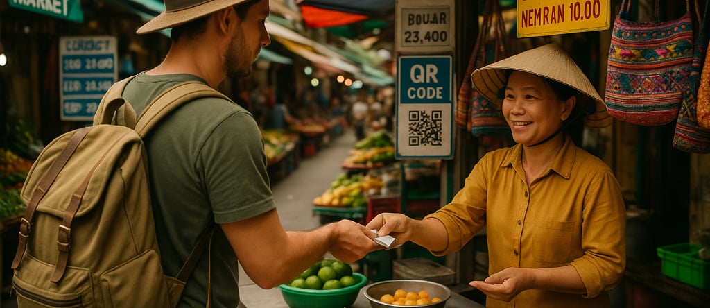 Traveler interacting with a local vendor at a colorful street market, exchanging small cash and exploring authentic, affordab