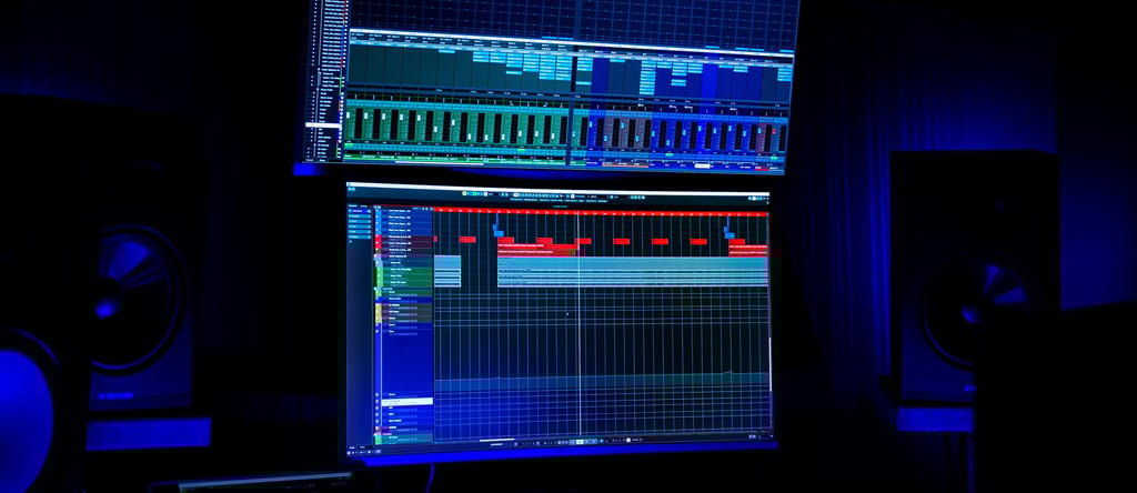 two monitor screens to mix and produce gs in a studio, speakers are left and right