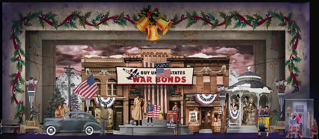 rear projextion screen on stage 1940's setting