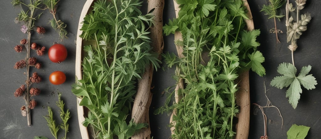 A steaming bowl of herbal tea with thyme and wild cherry bark, surrounded by fresh citrus fruits and leafy greens.