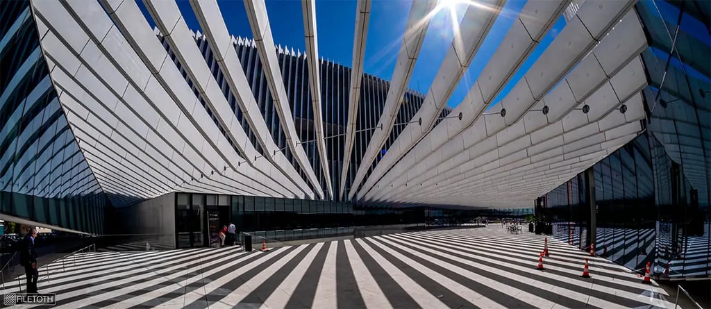 EDP HQ Office Building in Lisbon, geometric fins shape space and shadow under the strong Portuguese daylight.